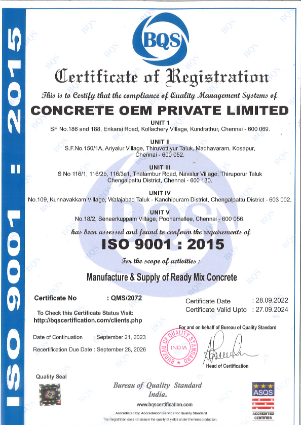 Concrete OEM ISO 9001 Certificate